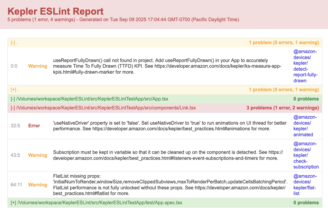 The image is an ESLint analysis report for a Vega project, highlighting two performance-related warnings: missing implementation of useReportFullyDrawn() for time-to-fully-drawn metrics and usePreventHideSplashScreen() for splash screen optimization. The report indicates no critical errors in the codebase.