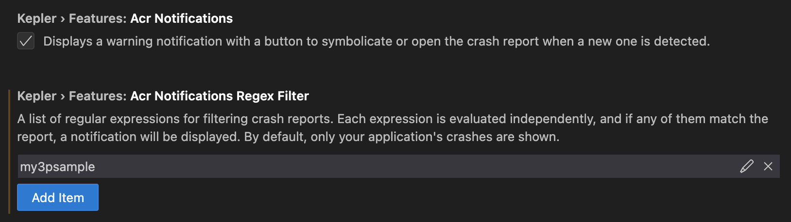 Screenshot of VS Code settings page showing Kepler extension ACR Notifications configuration options