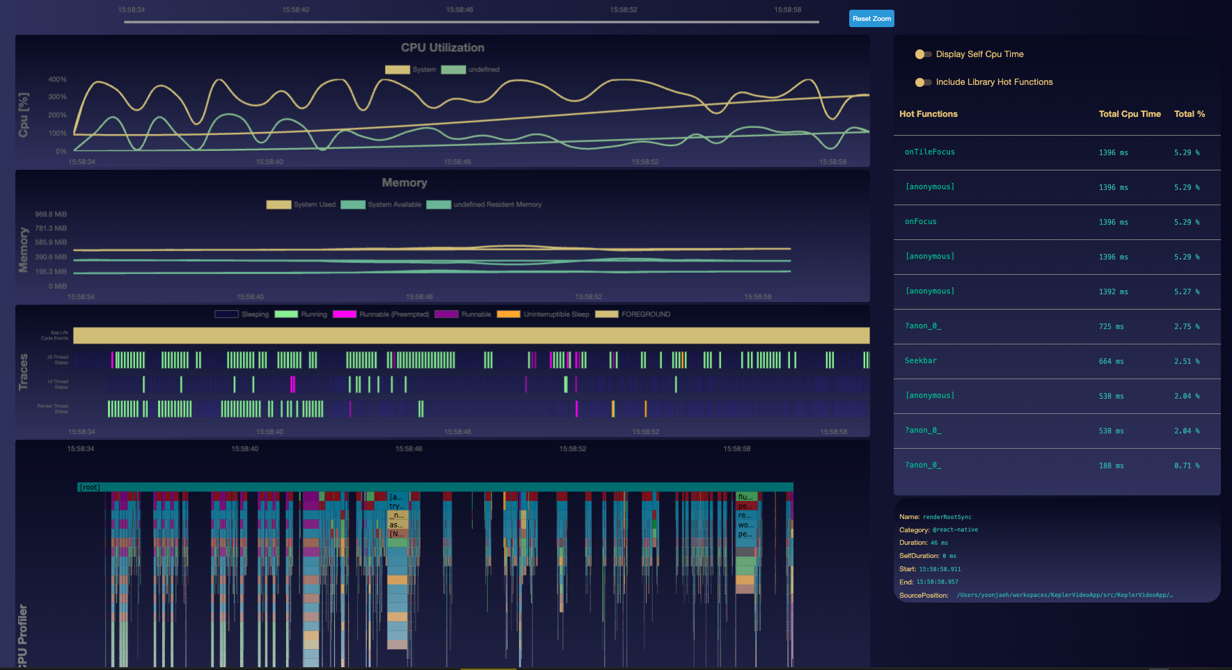 Recording View interface showing timeline, CPU percentage, memory usage, traces, and flamegraph sections