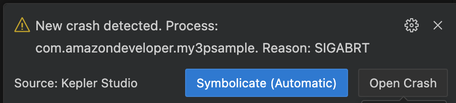 Screenshot of automatic crash detection notification popup with options to view crash report or dismiss