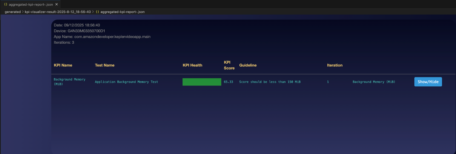 Screen shows result for background memory performance metrics