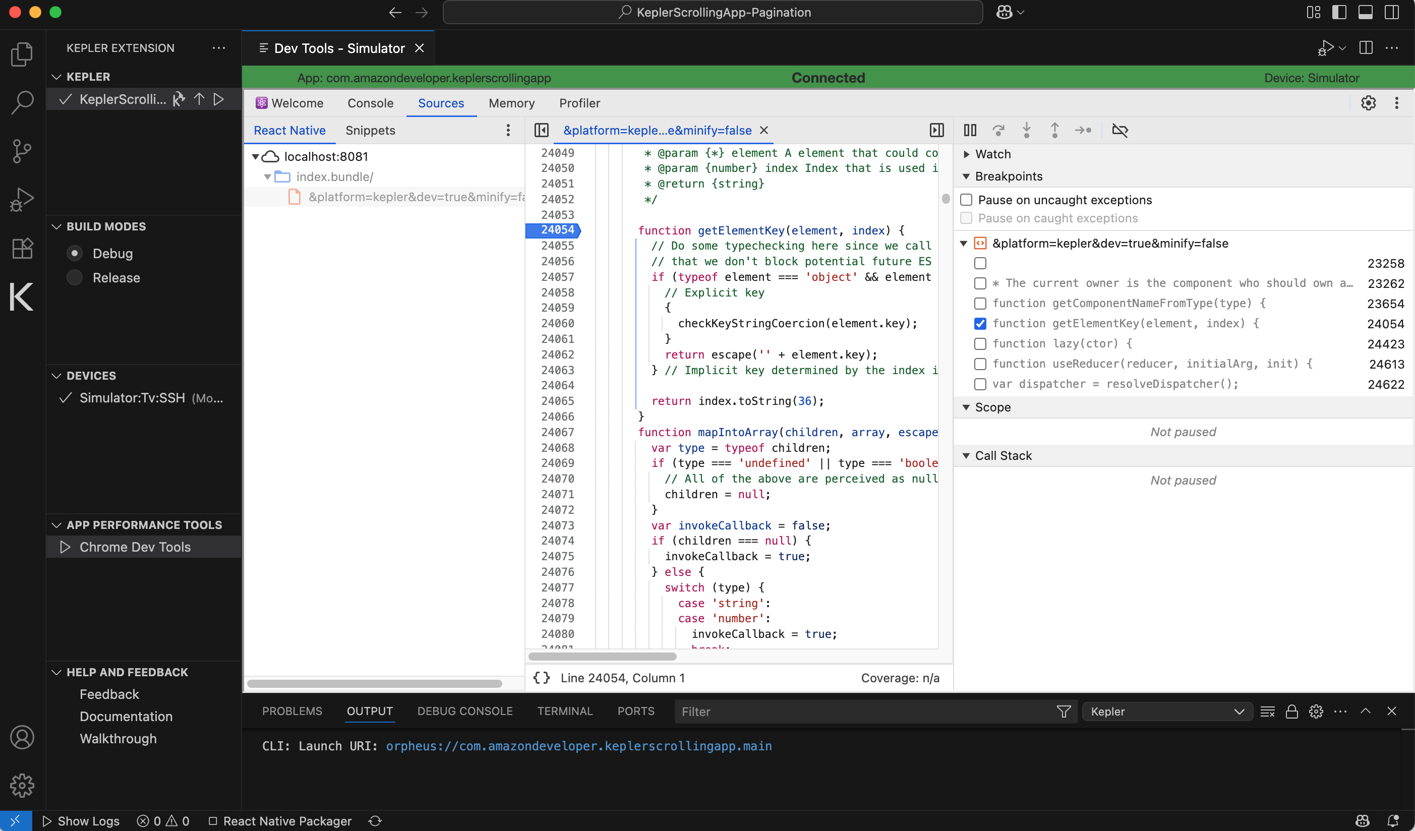 React NativeアプリのJavaScriptコードを表示しているVega開発環境のスクリーンショット。このインターフェイスには、構文のハイライト機能付きのコードエディター、ファイルエクスプローラー、デバッグパネル、コンソールが含まれています。