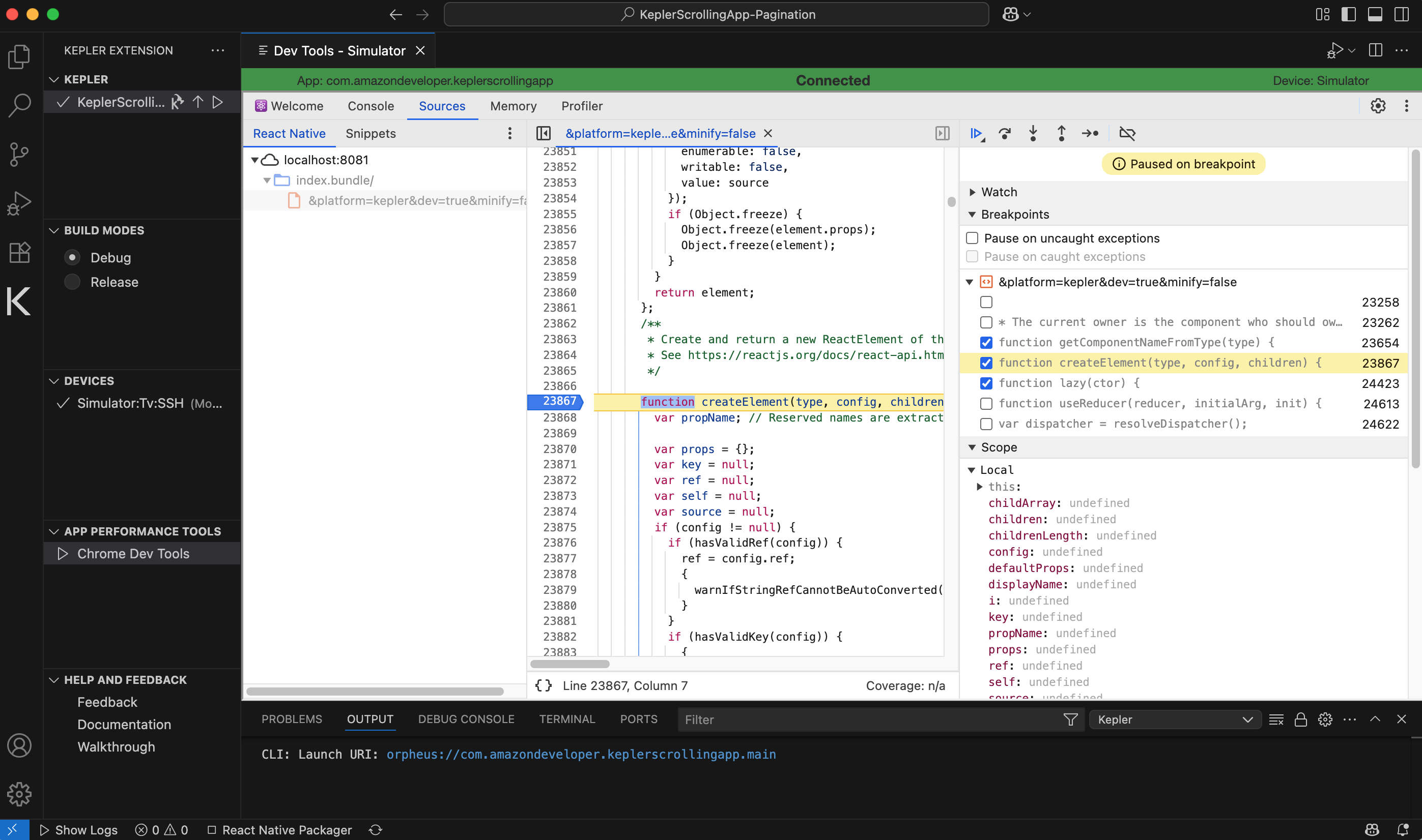 React NativeアプリのJavaScriptコードを表示しているVega開発環境のスクリーンショット。