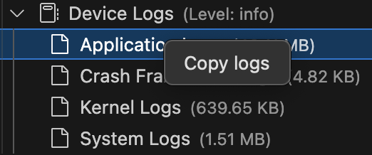 Screenshot of right-click context menu on device in Device Files view with Copy logs option highlighted