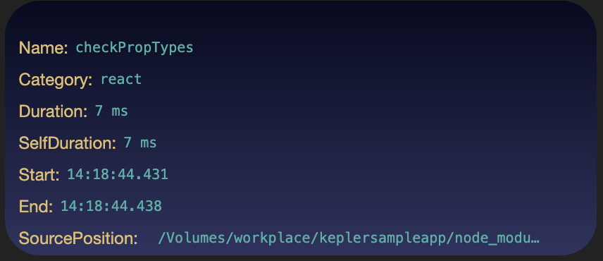 Color-coded flamegraph showing different function sources with Amazon Orange, React Blue, and other category colors