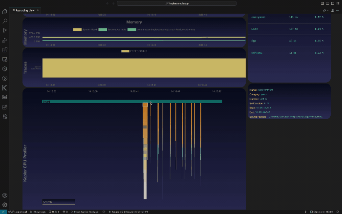 Animated demonstration of flamegraph navigation using arrow keys and WASD controls