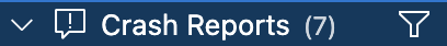 Screenshot of crash reports list with funnel filter icon highlighted next to Crash Reports heading