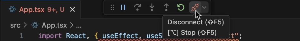 デバッグアイコンのあるVS Codeのデバッグコントロールにアプリがアタッチされた状態を示す画像。