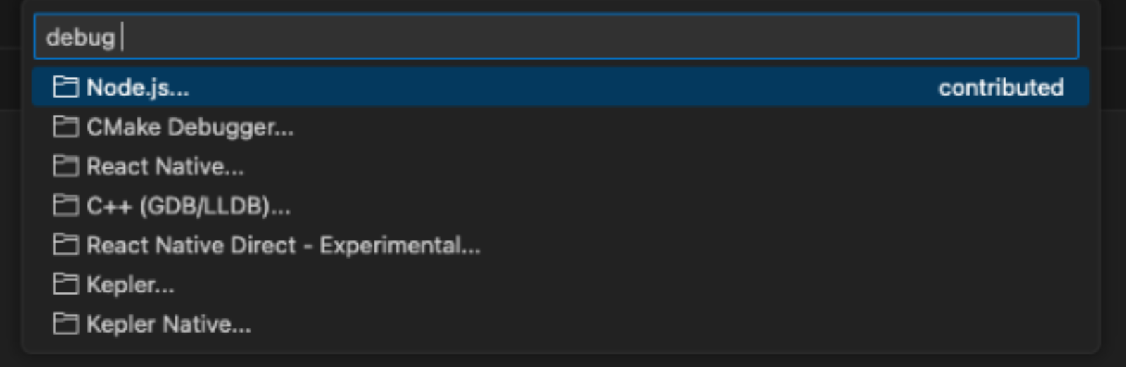 VS Code Run and Debug panel displaying automatic debug configurations dropdown menu