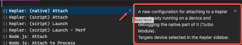 VS Code launch.json configuration panel with Add Configuration button and available launch targets
