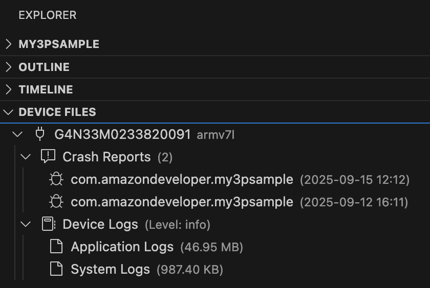 Screenshot of VS Code Explorer sidebar showing Device Files view with connected devices and crash reports listed in a tree structure