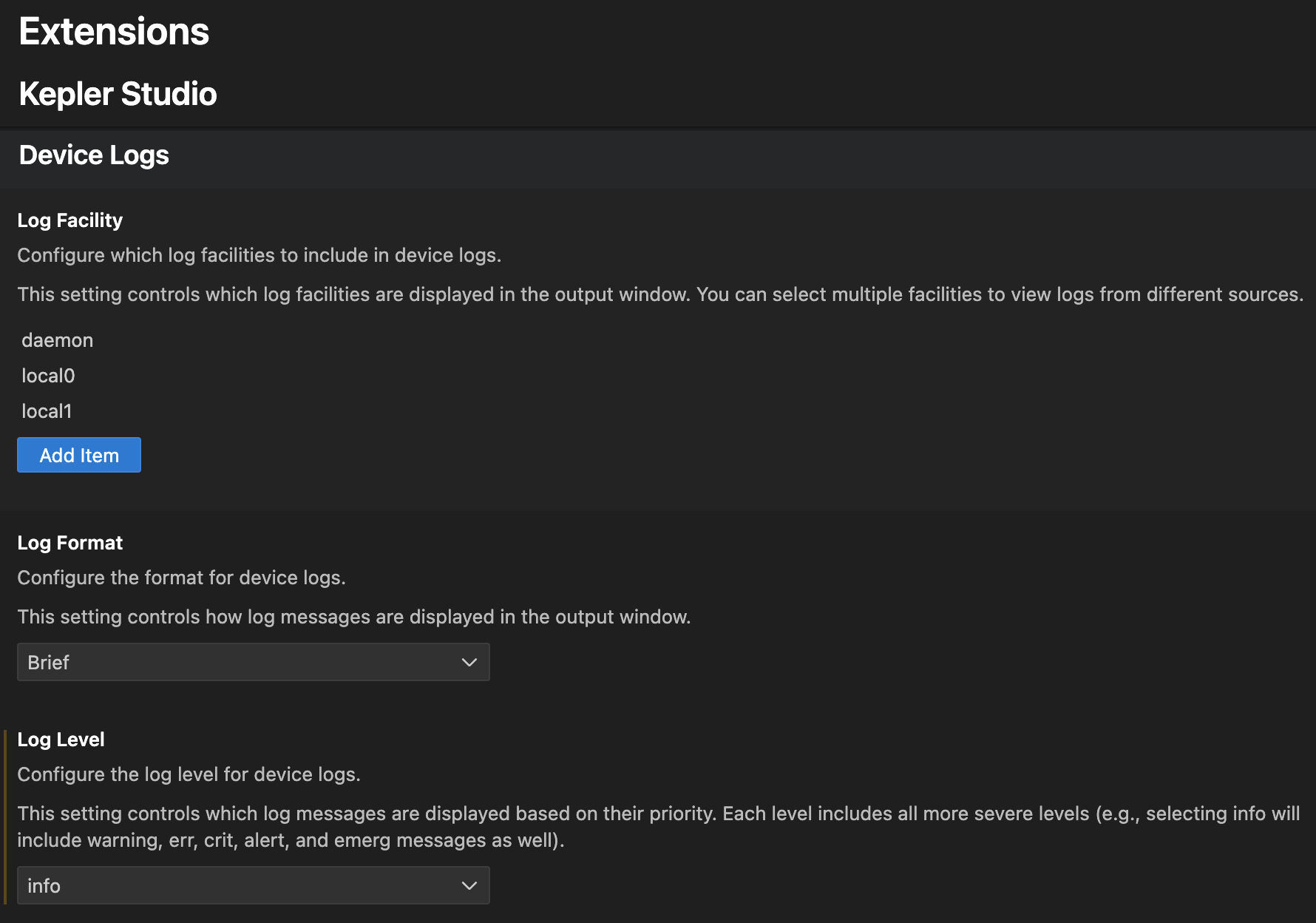 Screenshot of VS Code settings showing Kepler extension device logs configuration with facility, format, and level options
