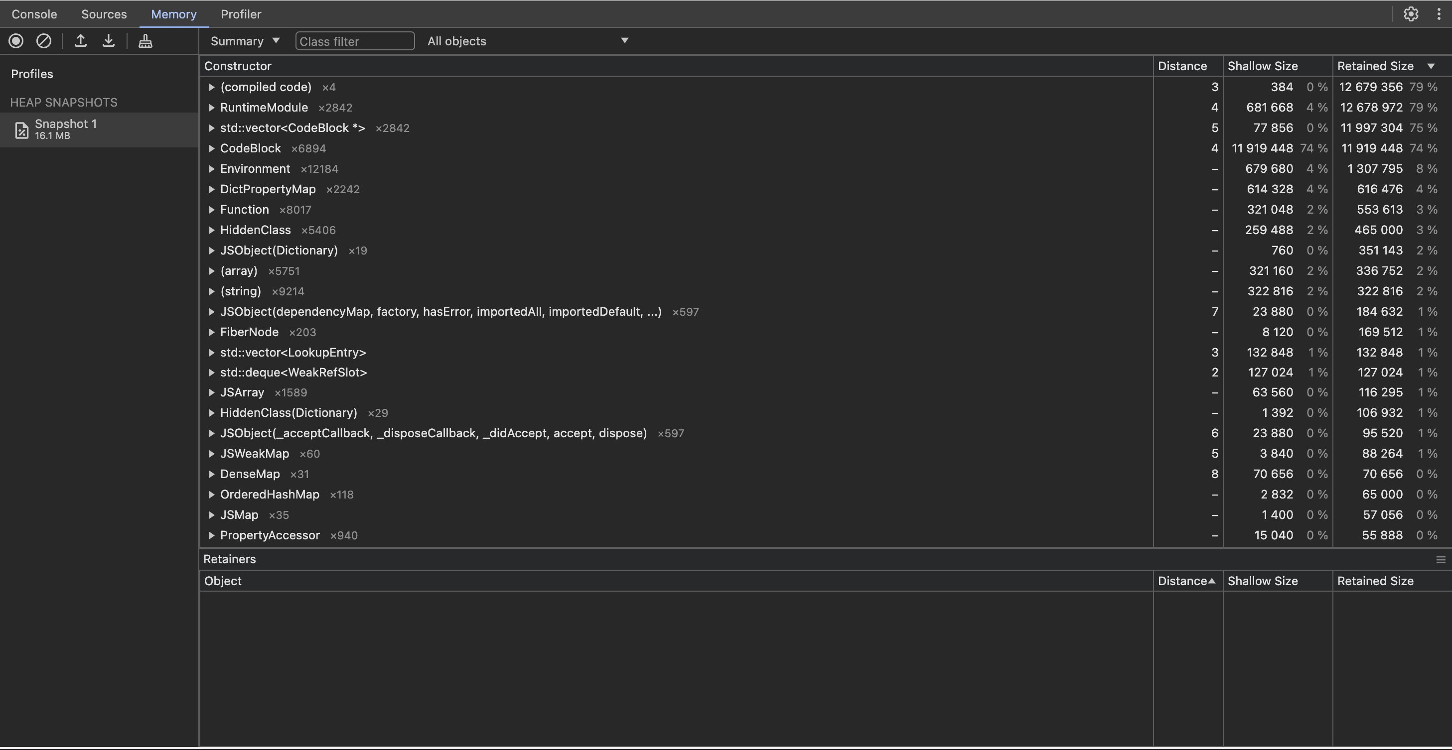 Chrome DevTools showing captured heap snapshot with download arrow button for saving snapshot to local machine