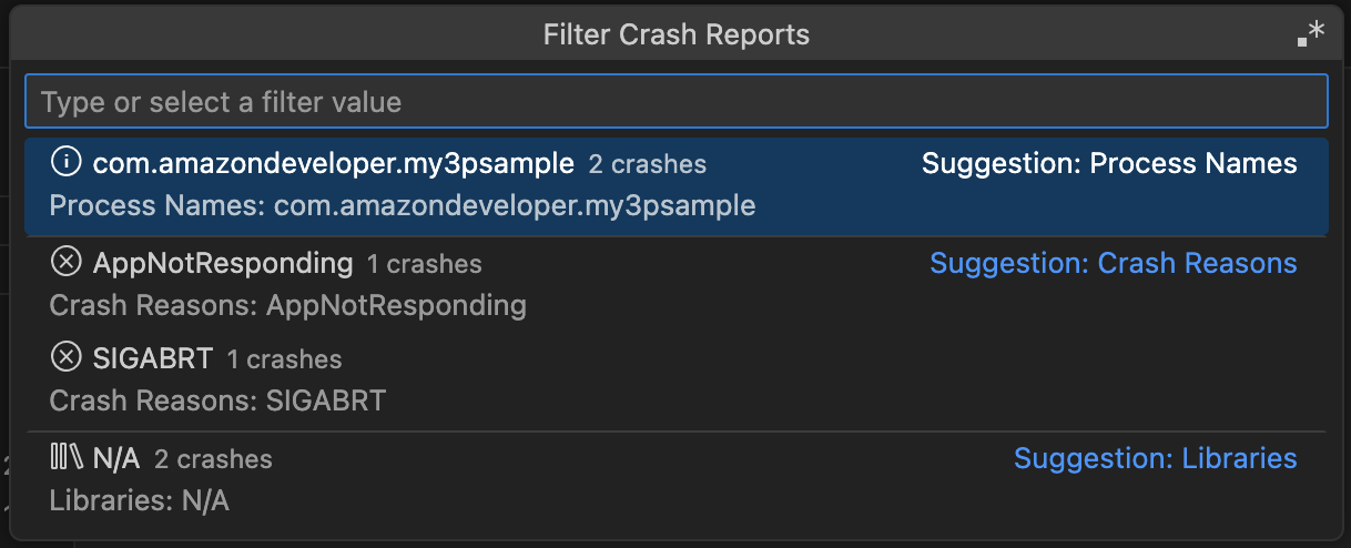 Screenshot of Filter Crash Reports dialog box with fields for name, date range, and regular expression filtering options