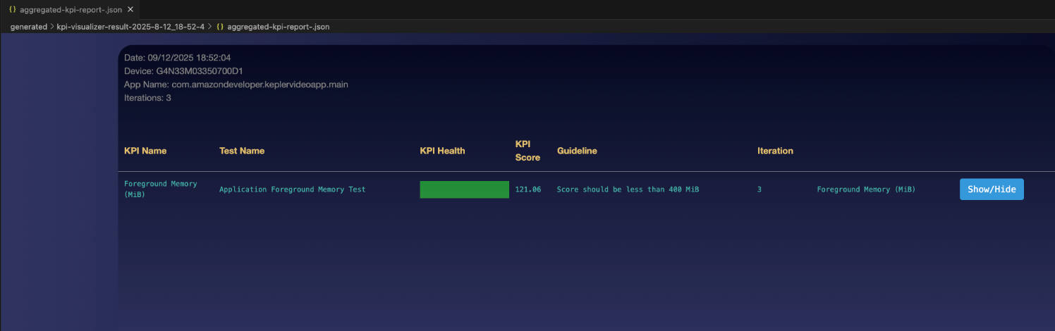 Screen shows result for foreground memory performance metrics