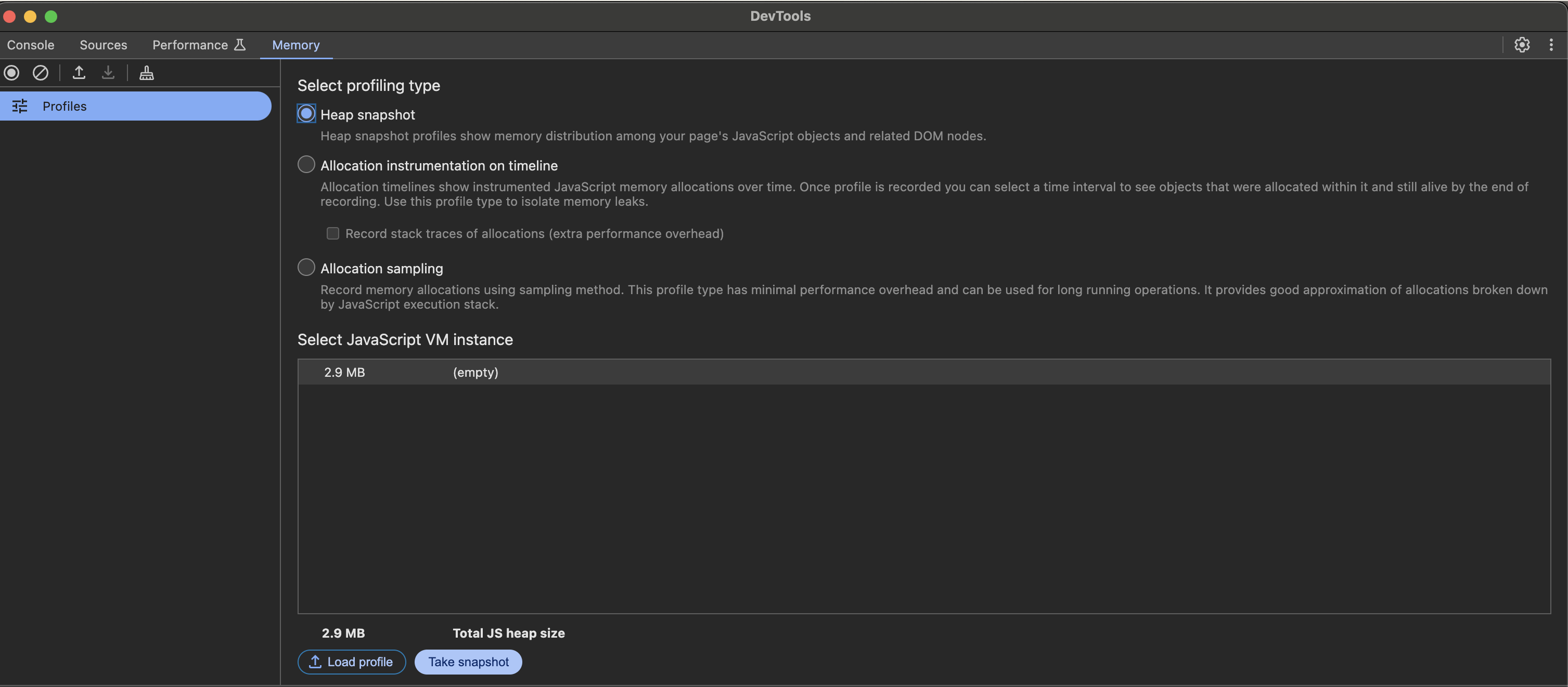 Chrome DevTools Memory tab interface with Heap Snapshot option selected and Take snapshot button highlighted