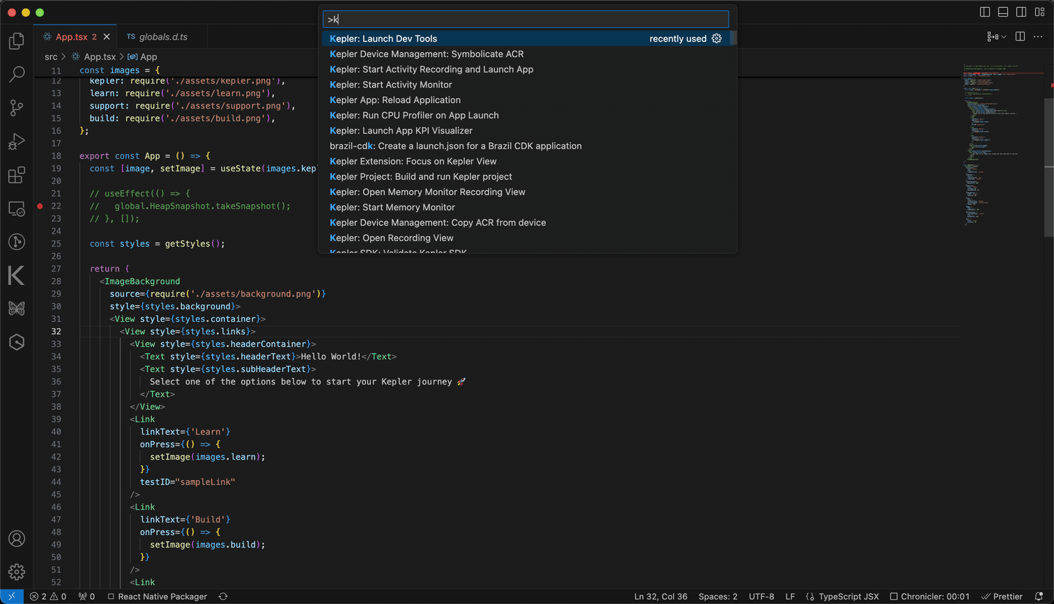 Animated demonstration of connecting Chrome DevTools to React Native Vega app for debugging