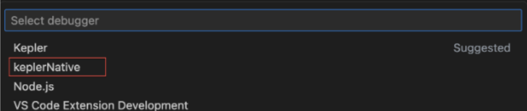 VS Code debugger selection dialog showing Kepler and KeplerNative options