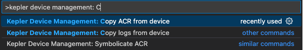 Screen shows search results for Vega Device Management: Copy ACR from device
