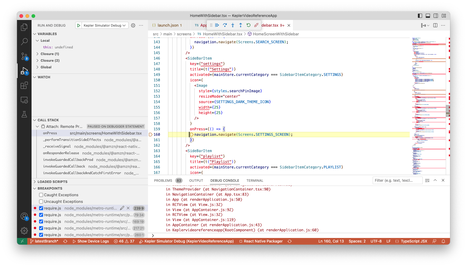 VS Code debug interface showing debug console, variables panel, and breakpoint hit in code editor