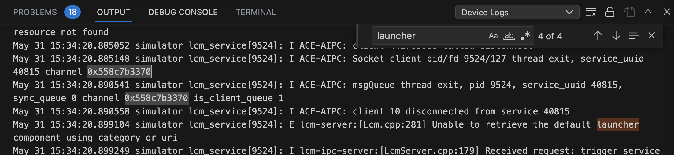 Screenshot of VS Code Output panel showing App Logs channel with streaming log messages from connected device