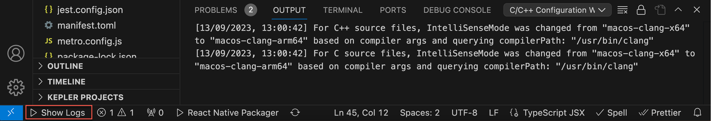 Screenshot of VS Code status bar with Show Logs button highlighted in blue