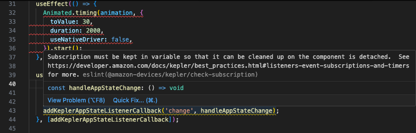 The image shows linter warning on VS Code