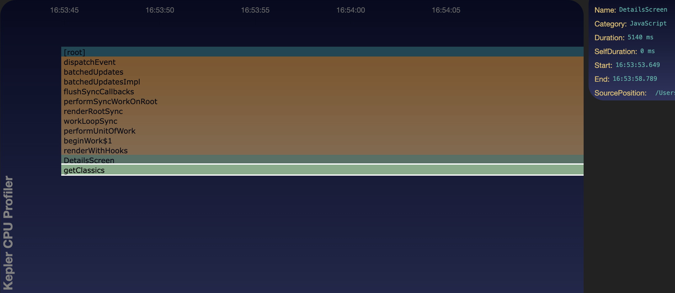 CPU Profiler Flamegraph highlighting DetailsScreen taking 5 seconds due to inefficient getClassics method