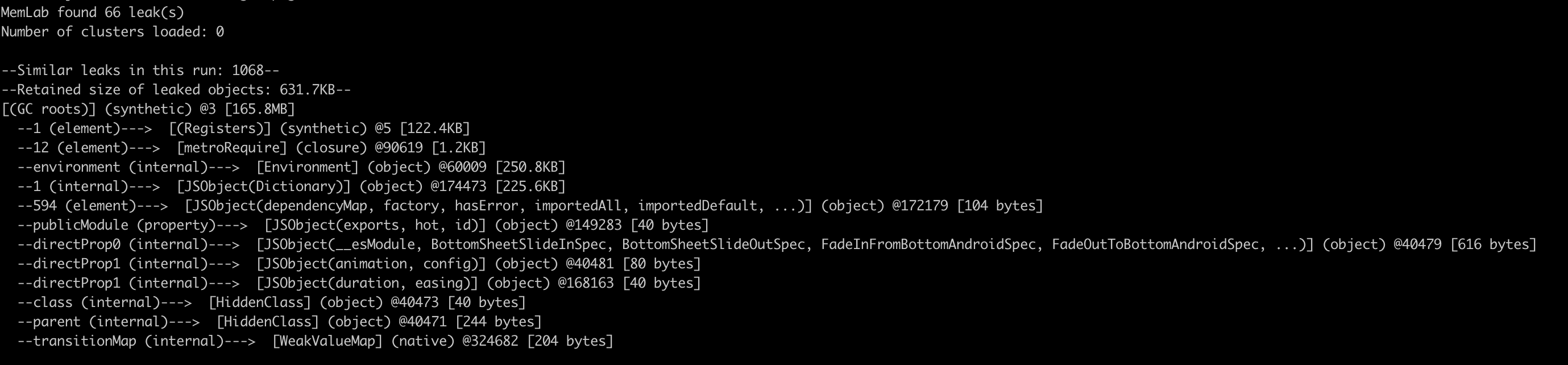 Memlab retainer traces showing detailed object tree hierarchy and memory leak paths with retained sizes