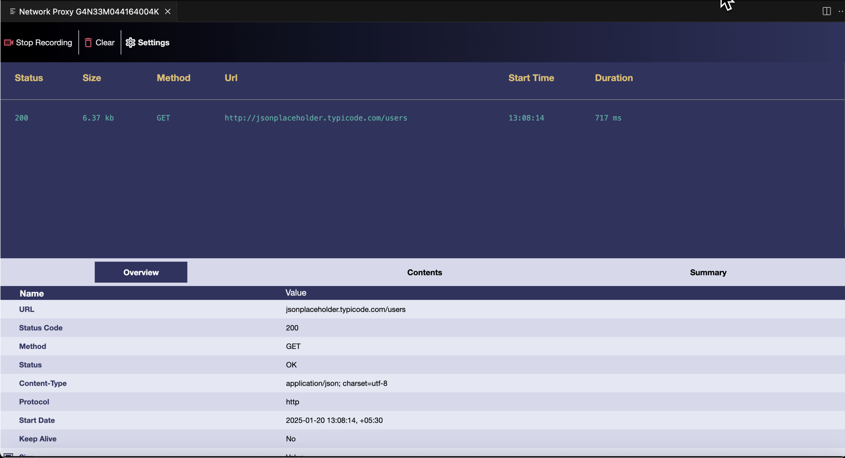 選択されたネットワークトラフィックに関するインサイトを表示する、ネットワークプロキシUIの下部のパネル