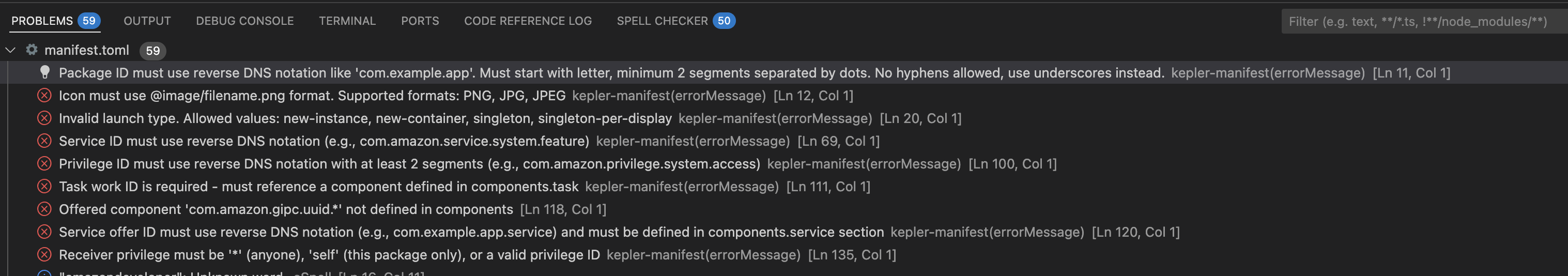 VS Code Problems panel displaying manifest validation errors with file locations and error descriptions