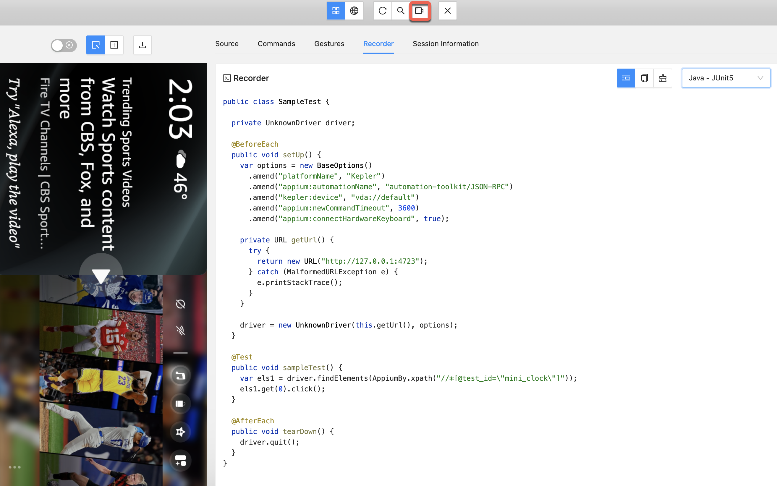 Appium Inspector recording interface showing Record button in top bar and generated script panel displaying captured user interactions for automated testing