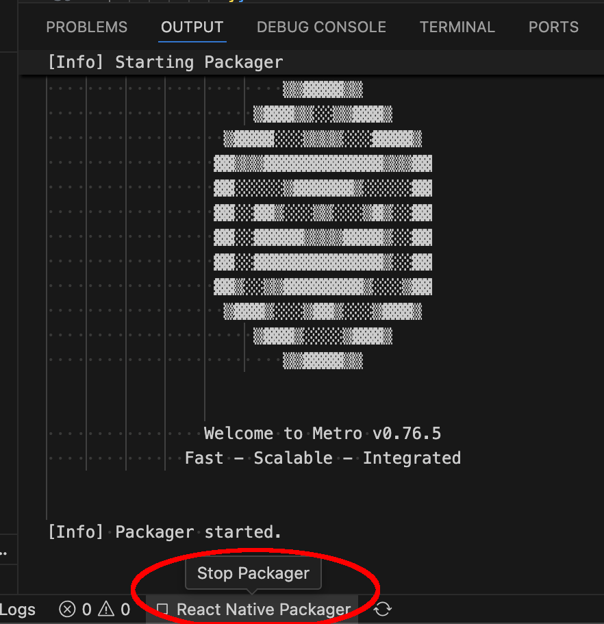 Screen shows where to stop the React Native Packager from VS Code