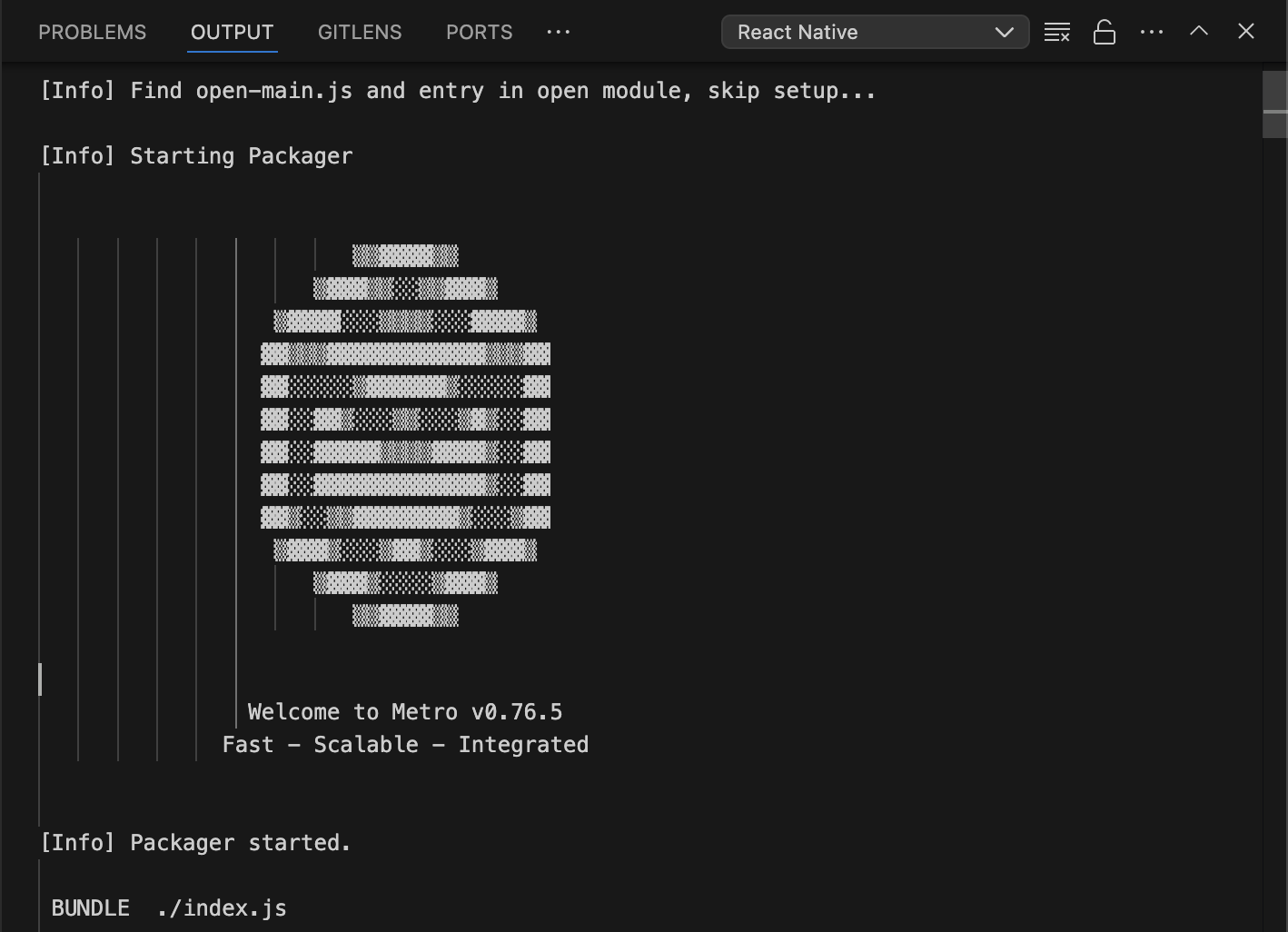 Vega ExtensionインターフェースにReact Nativeパッケージャーの正常接続ステータスが表示されます。