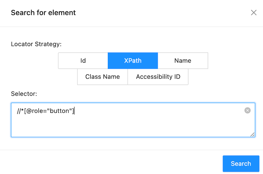 Appium Inspector search panel showing XPath expression input field with suggested selector and Search button for element location testing