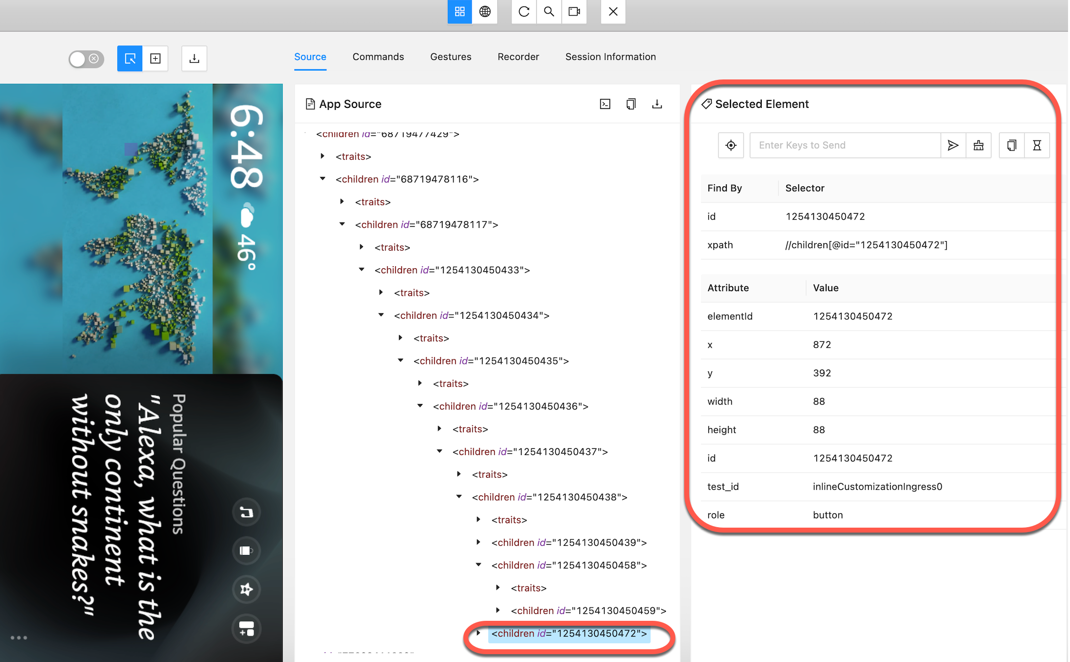 Appium Inspector showing selected UI element highlighted in screenshot with corresponding element properties and actions displayed in Selected Element panel