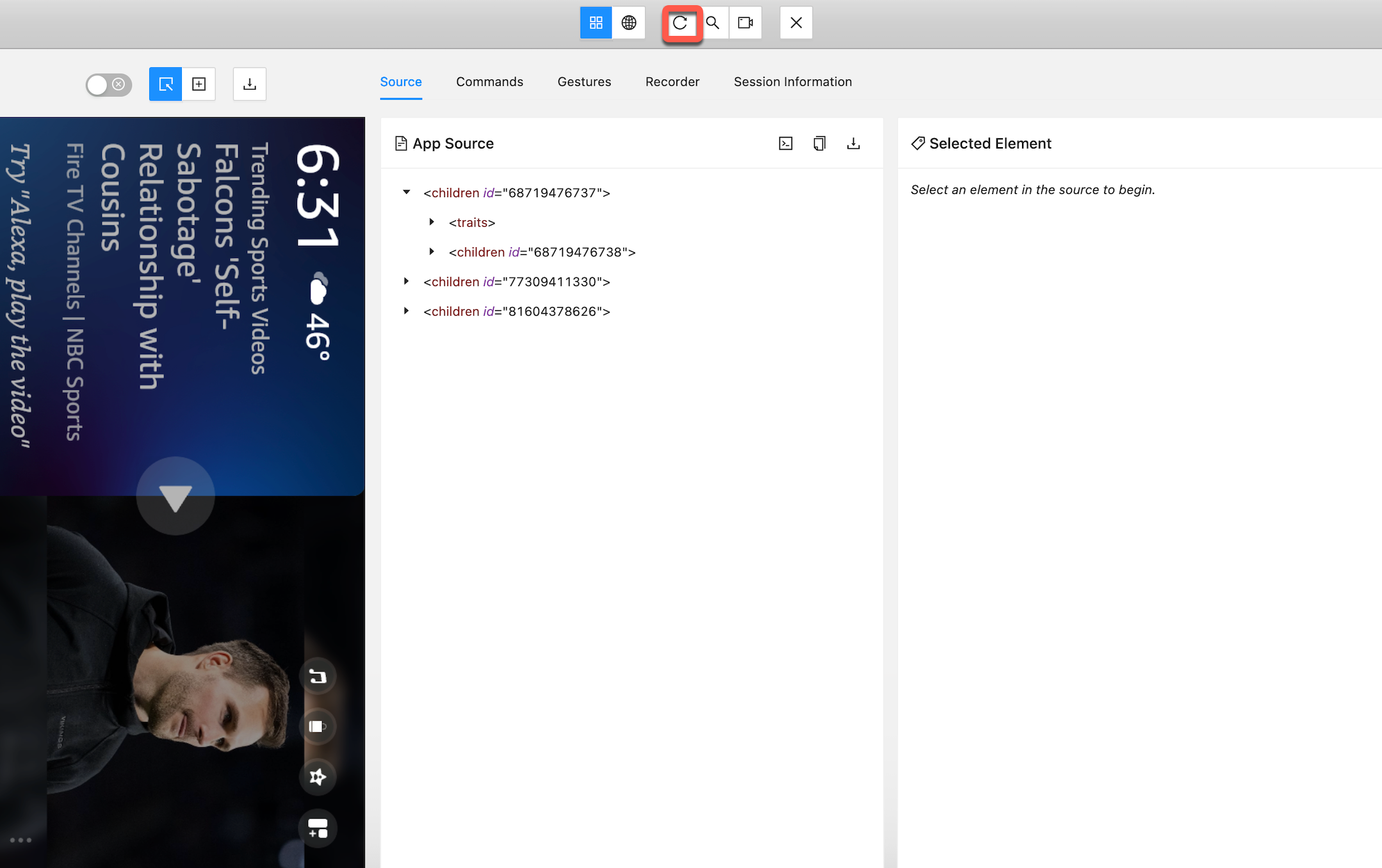 Appium Inspector main interface showing device screenshot on left and XML App Source panel on right with UI element tree structure