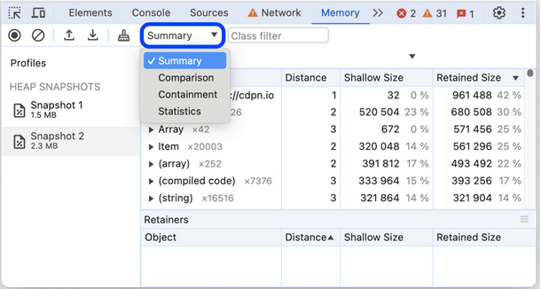 Chrome DevTools heap snapshot analysis interface showing Summary view with objects sorted by Shallow Size and Retained Size columns