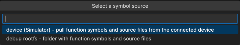 Screen displays options to select symbol source from connected device or debug rootfs location