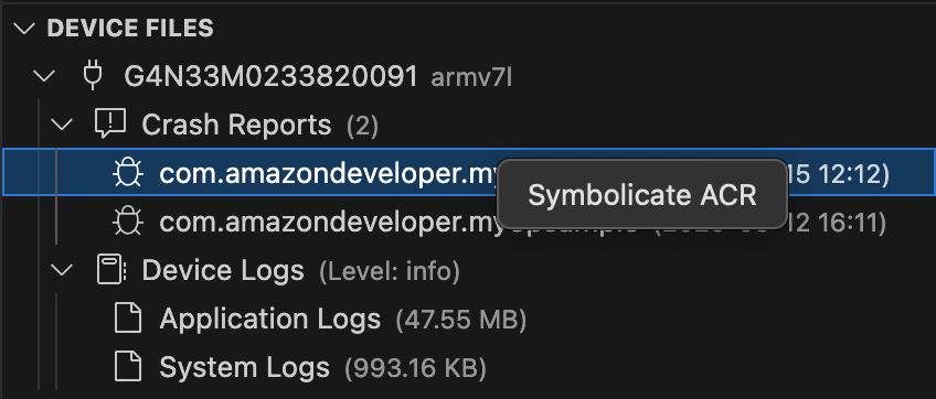 Screenshot of right-click context menu in Device Files view showing Symbolicate ACR option highlighted