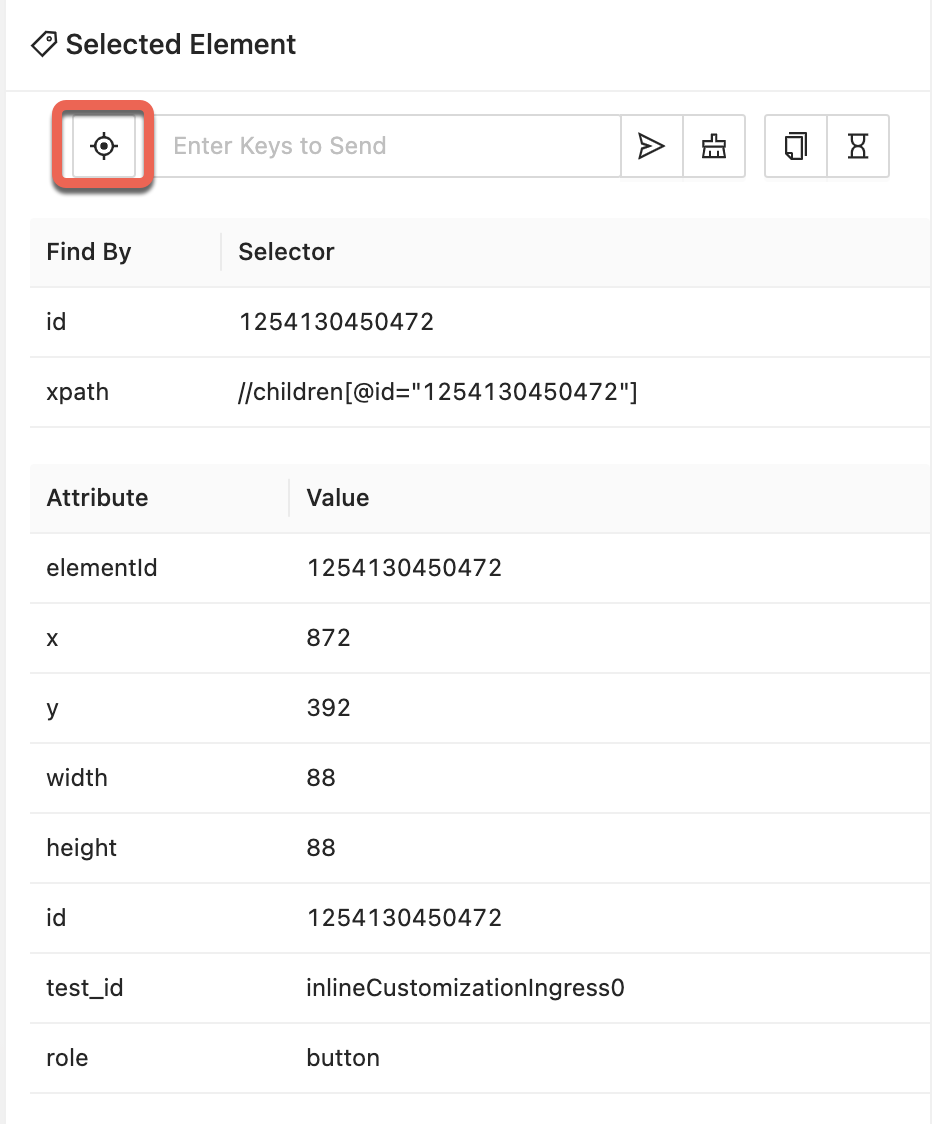 Appium Inspector interface highlighting the Tap icon button used to trigger click actions on selected UI elements