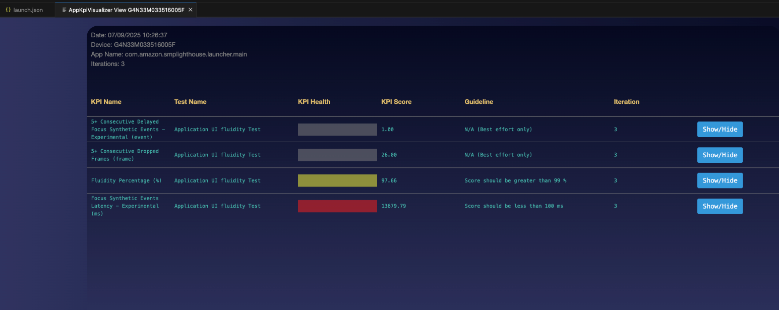 Screen shows result for UI fluidity performance metrics