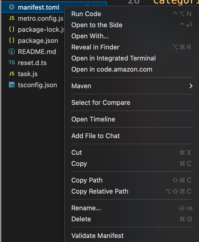 VS Code context menu showing Validate Manifest option when right-clicking on manifest.toml file