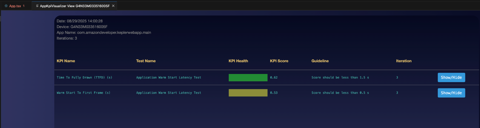 Screen shows result for warm start TTFF and TTFD performance metrics
